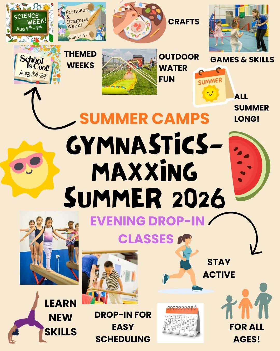 🤸Gymnastics Maxxing This Summer ☀️

This summer is all about flips, fun, movement, and becoming the strongest version of YOU 

Whether your athlete wants to spend the summer in the gym all day OR just drop in a couple evenings a week, we&rsquo;ve go