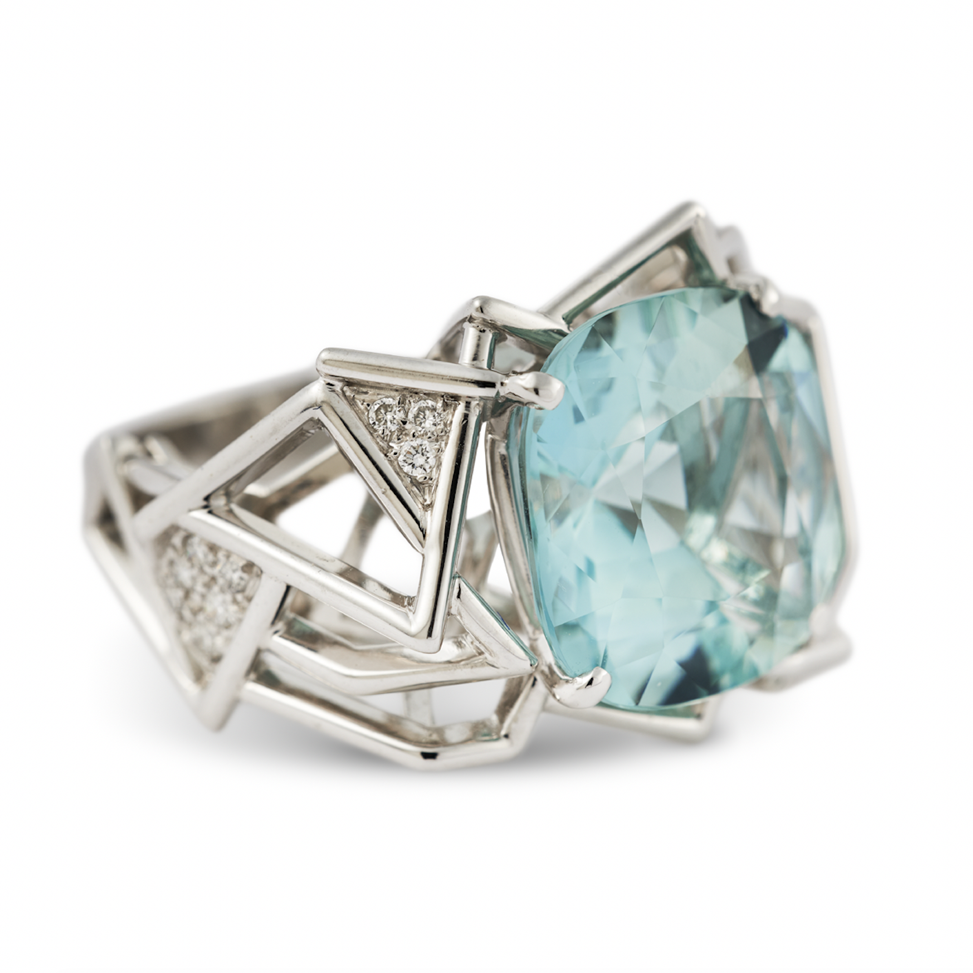 The first piece Amy designed, this aquamarine ring from her Disorient Collection