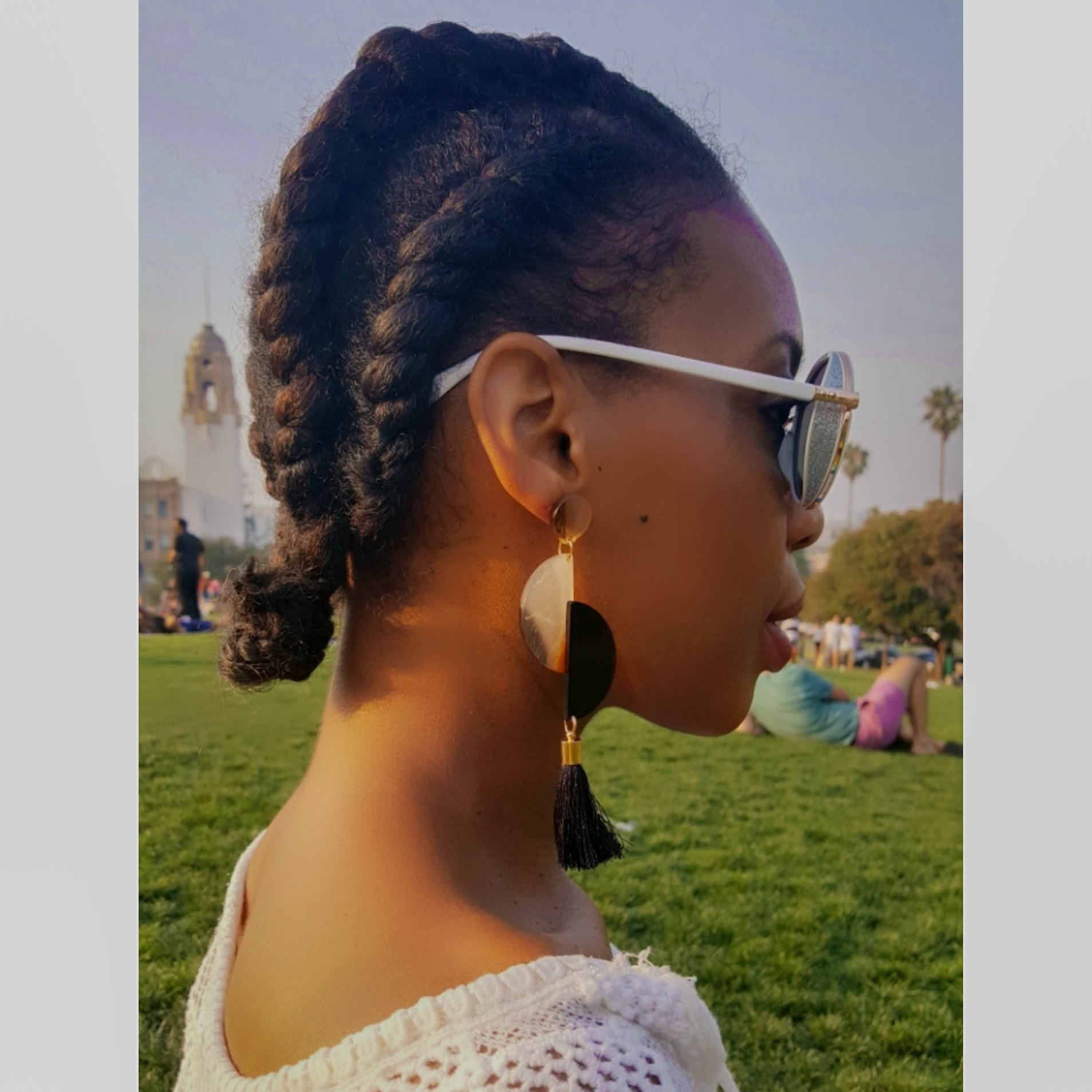 LaToya wearing the Cocoacentric Warm Water Geometric Tassels