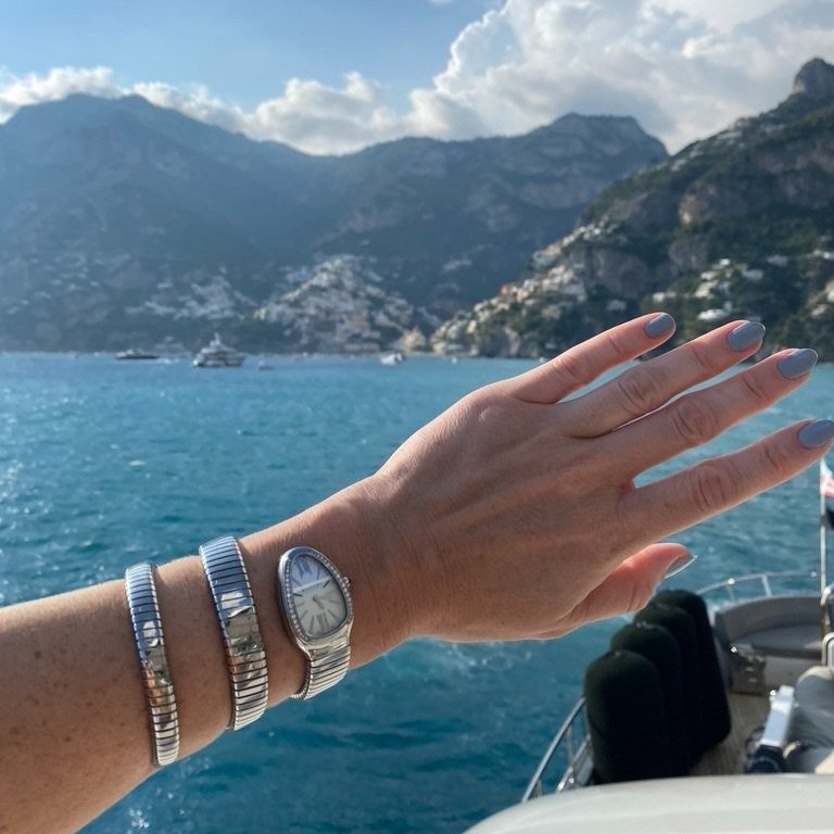 Jewelry that makes Kristen feel happy: her Bulgari Serpenti double wrap watch