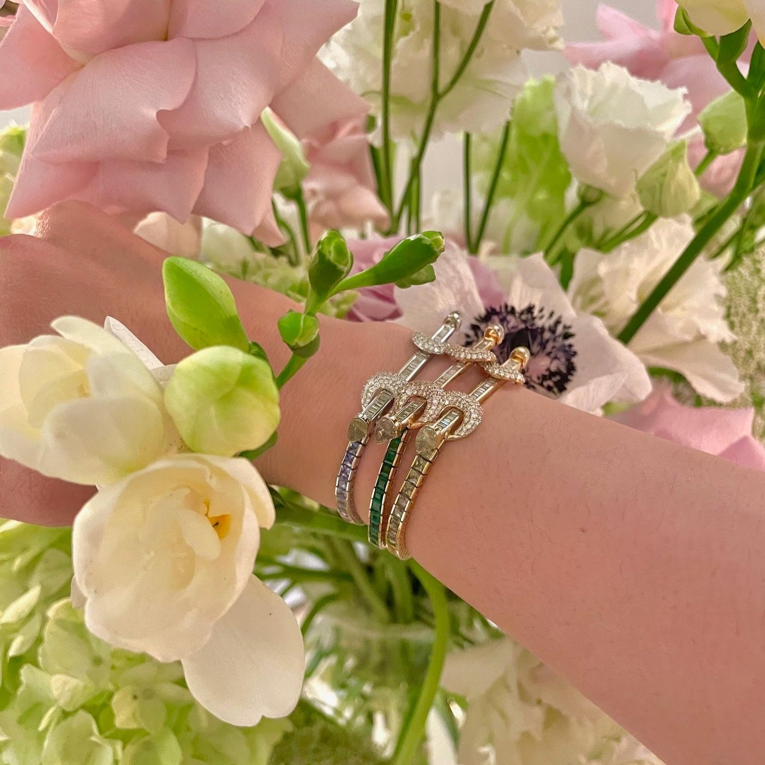 Ananya's everyday jewelry: a stack of Chakra tennis bracelets