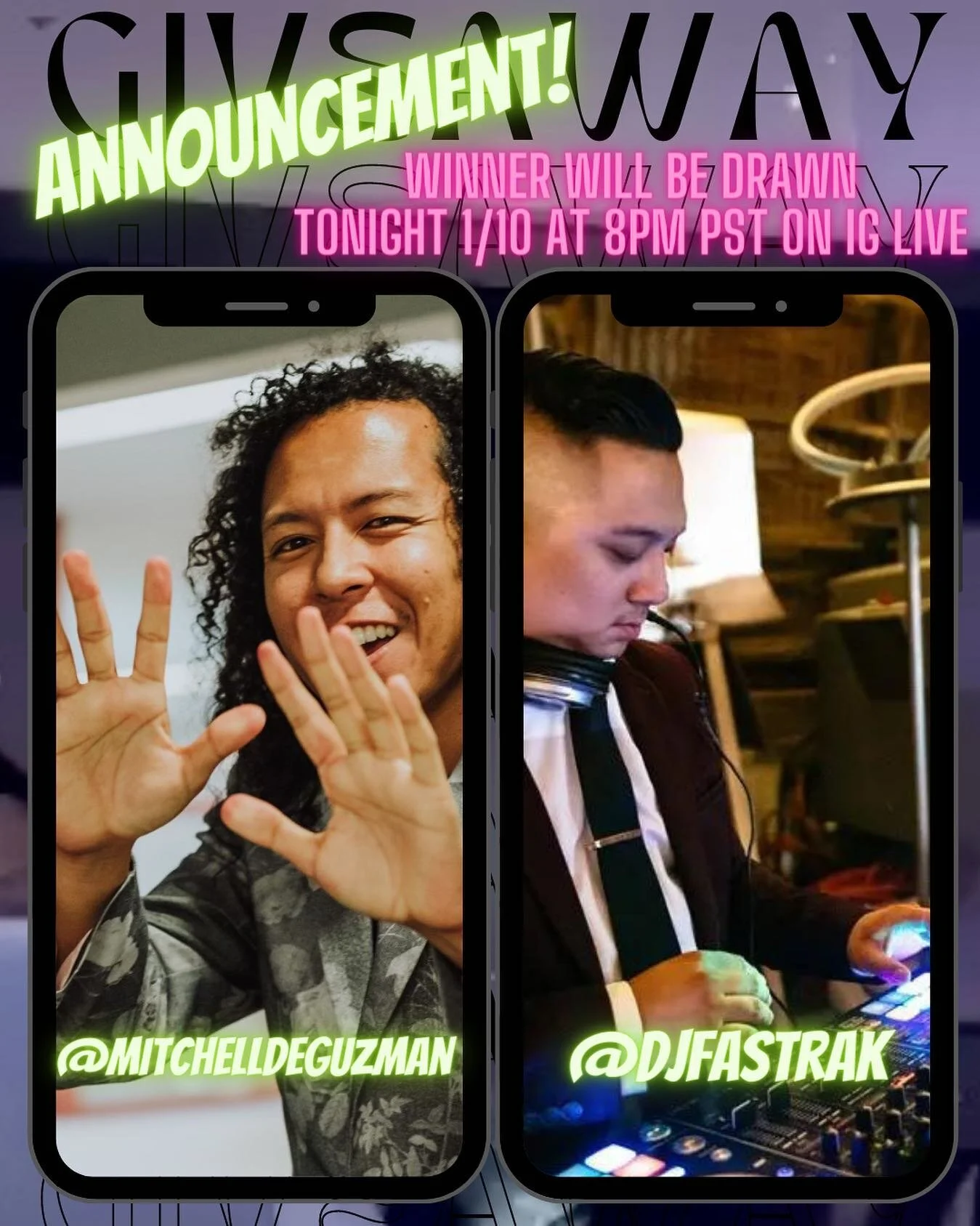 Tonight! At 8pm PST we will be announcing our big raffle winner via IG Live! Tune in!

#privateeventdj #weddingdj #djfastrak #fastrakproductions #mobiledj #openformatdj #trusttheprocess #uplighting #specialtylighting #weddingmc #timeofmylife #goodmus