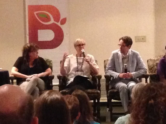 Janet Metzger, narrator (center), at “The Art of Storytelling” panel with author Joshilyn Jackson ( The Almost Sisters ) and David Russell, storyteller. Not pictured: Theresa Davis, spoken word artist.