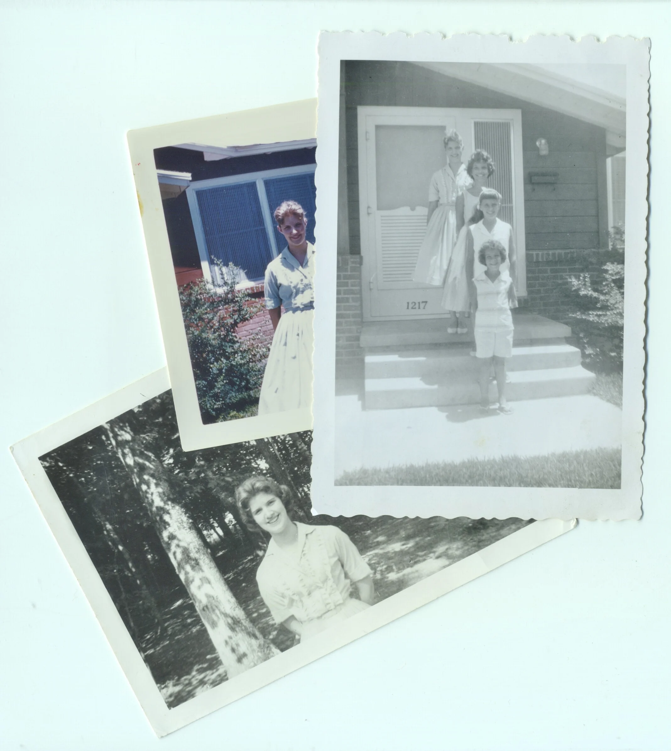 Three photos of me wearing my mint green shirtwaist 1957 Easter dress ... the top two photos were taken in 1958 ... on the stairs I am with my sister and cousins ... the bottom photo was taken in 1960