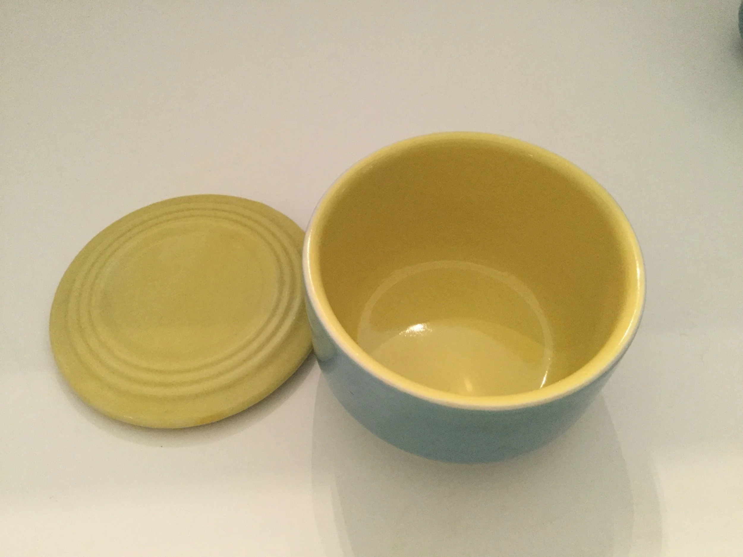 The refrigerator dishes have yellow interiors