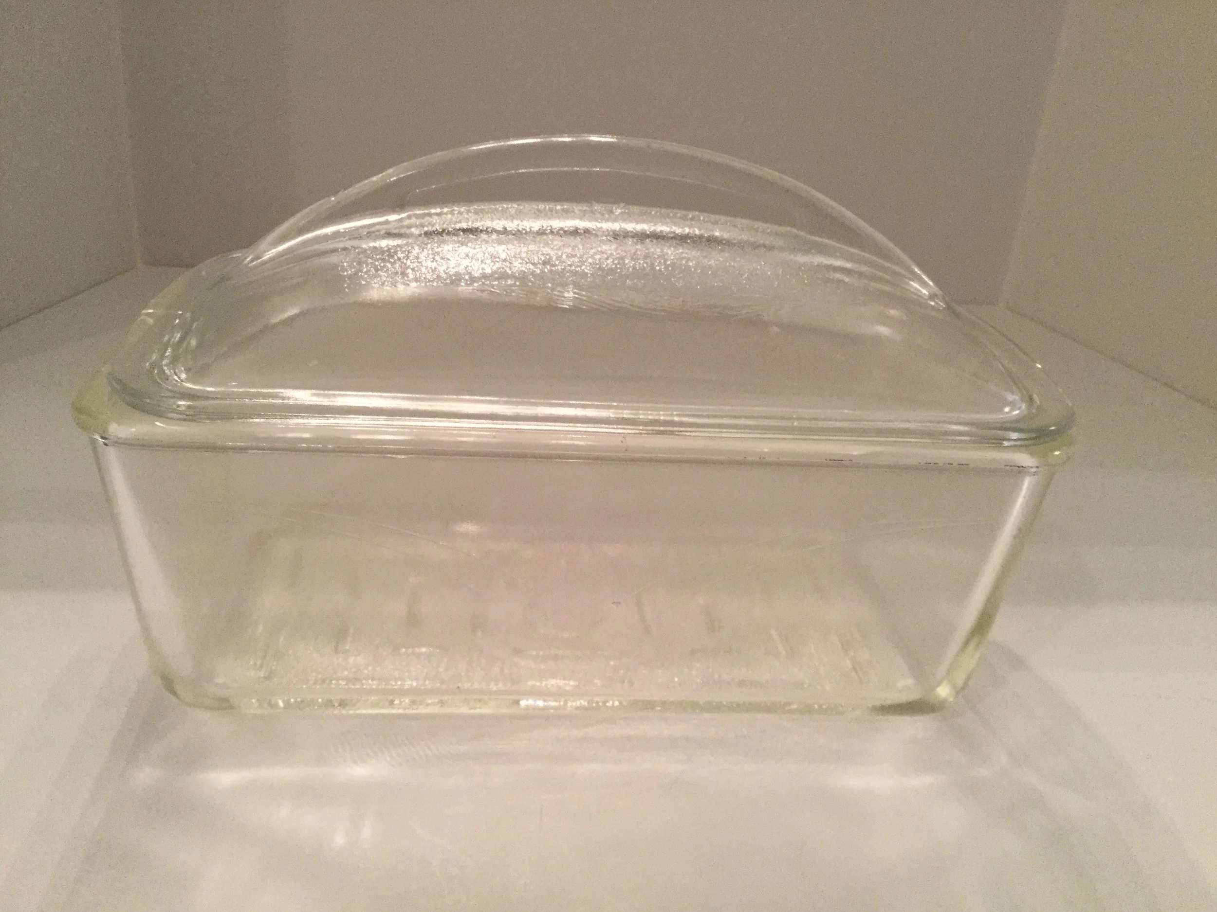 A glass Westinghouse loaf baking dish with lid
