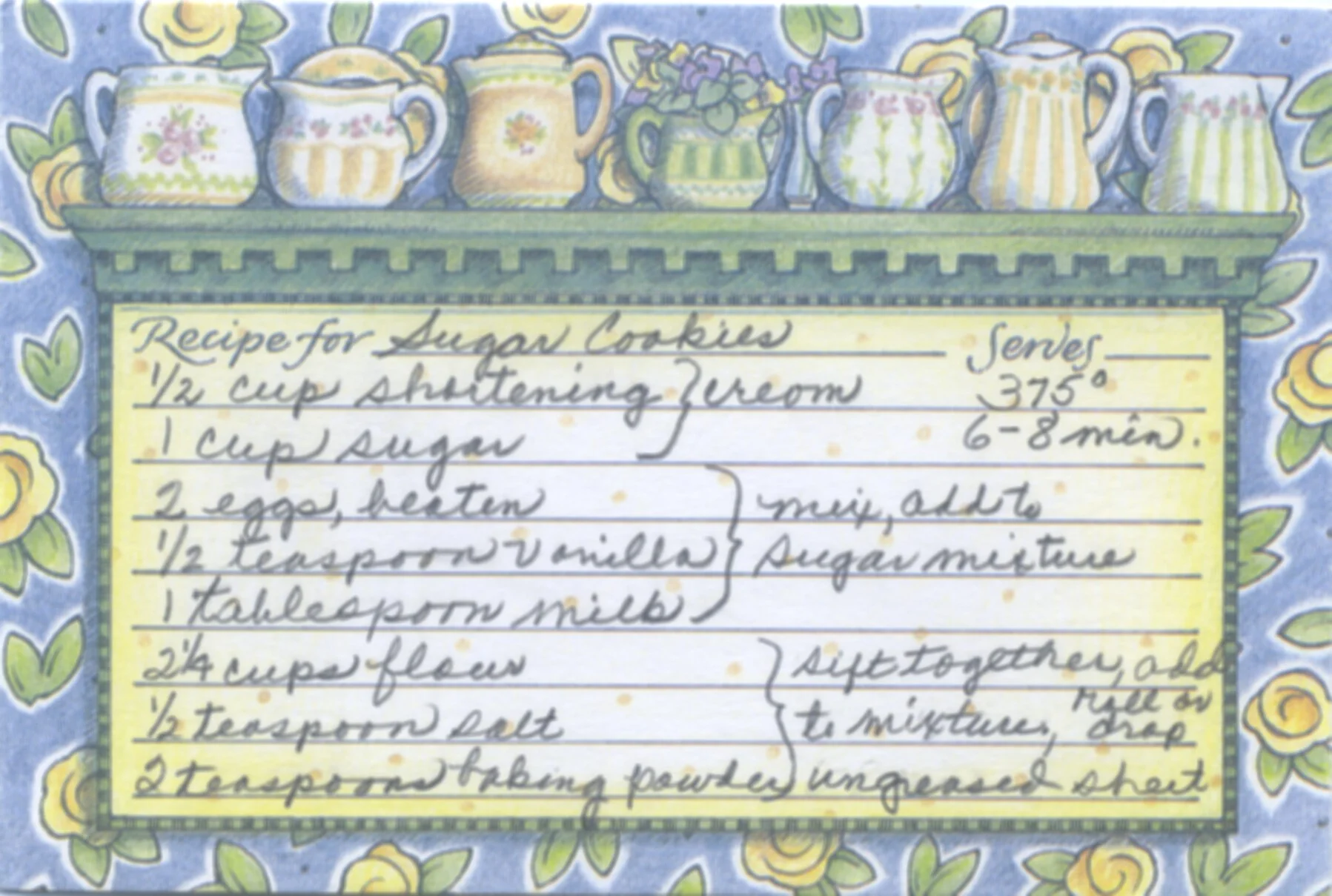 This is my sugar cookie recipe. In the late 1950s I did baby sitting for our preacher's family who were good friends of my parents. Occasionally homemade sugar cookies were left as a treat for the children and me. My original copy of this recipe went into my pink recipe box in the late 1950s.