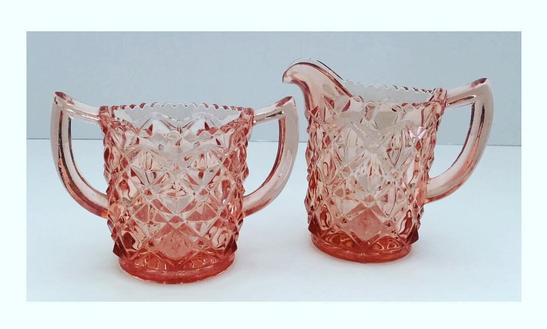 From my antique sugar bowl and creamer collection, Imperial Glass &ldquo;Little Jewel&rdquo; or Diamond Block depression glass. 
#imperialglass #littlejewel #diamondblockglass #depressionglass #antiquesugarandcreamerset #alwaysacollector #collectingd