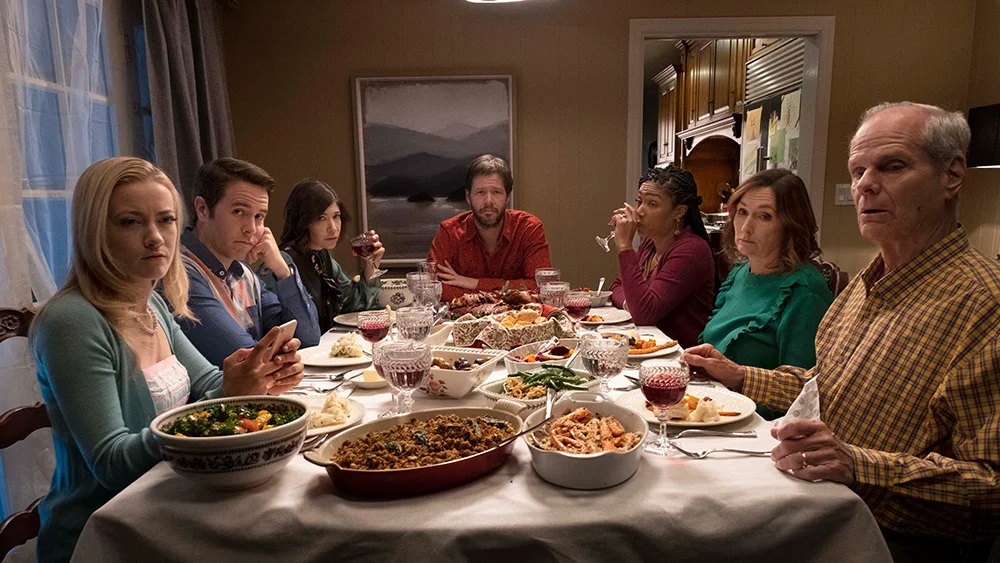 This is a still from THE OATH , a movie about arguing at Thanksgiving