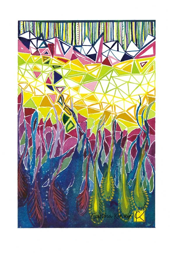 A watercolor painting. A transition portrait of organic to geometric.