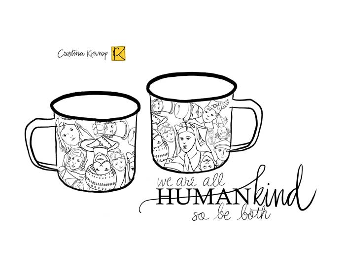 mock up of metal mugs with portraits of Ellis Island immigrants