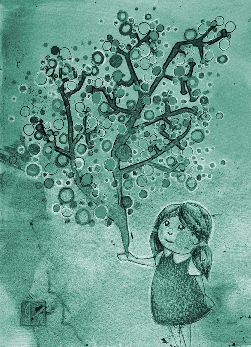 5.5x7.5in ink and color pencil with an acrylic background on paper, Photoshop modified