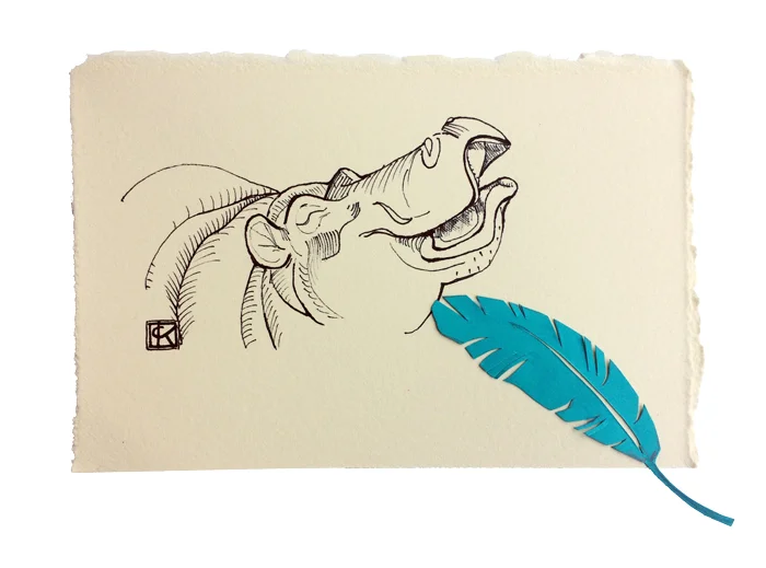 4x6 in ink on paper + cut paper feather