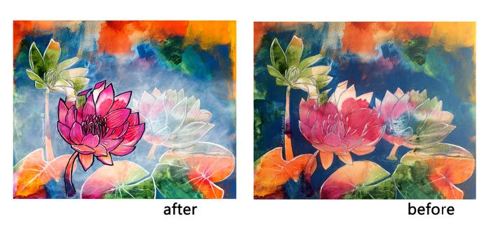 Color Splashed Lotus, 20x16in acrylic & ink on canvas, $350