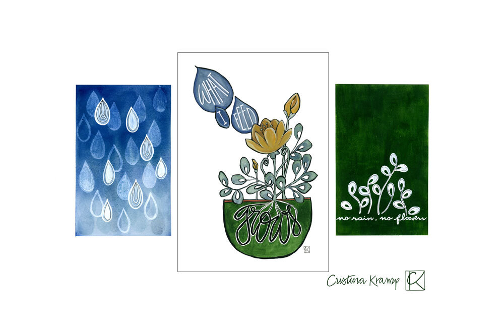 WHAT I FEED GROWS. Celebrates the life cycle of  blue rain, the growing plant, and the deep green of vegetation. 