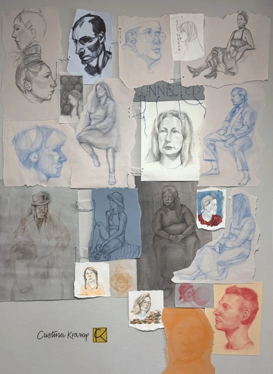 An art installation of figure drawings sewn together with title: connected