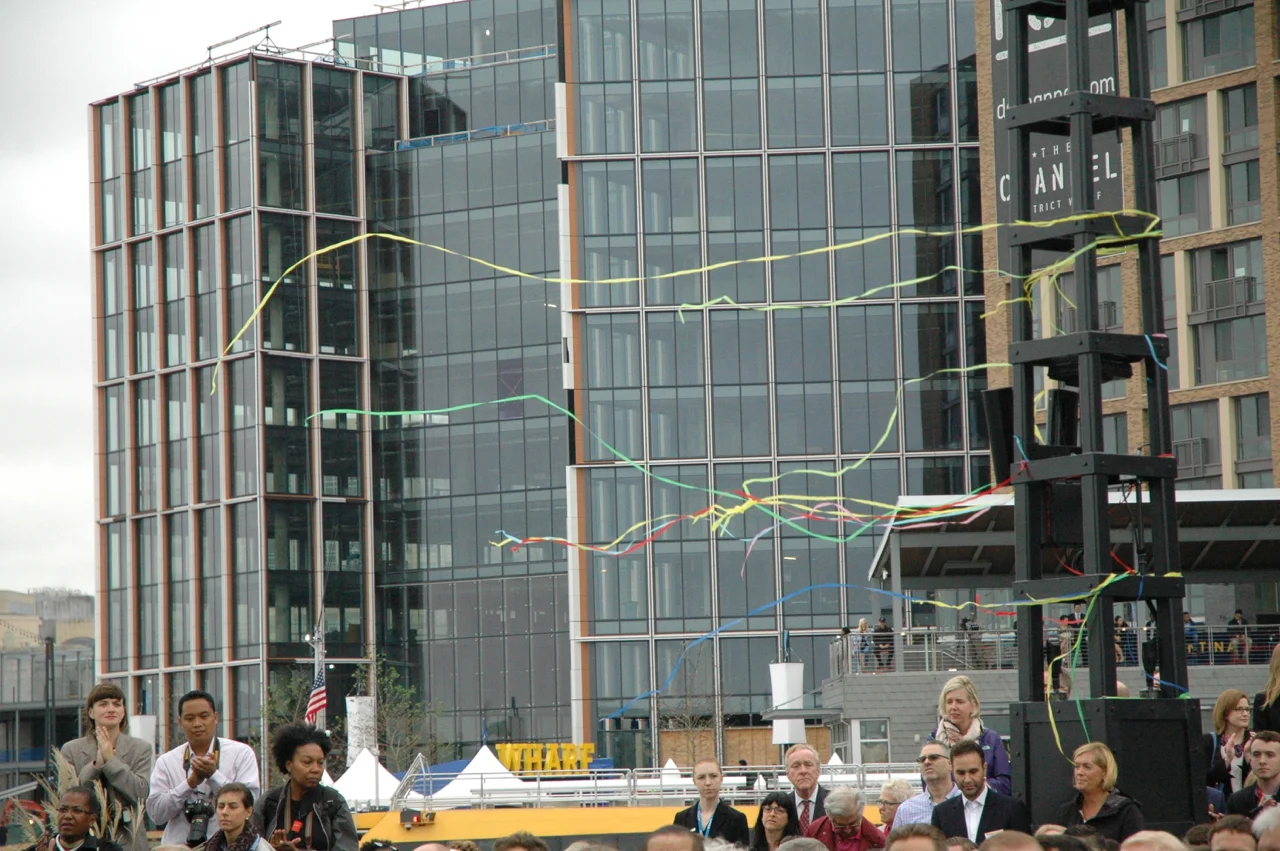 Streamers fly from the sound and lighting apparatus