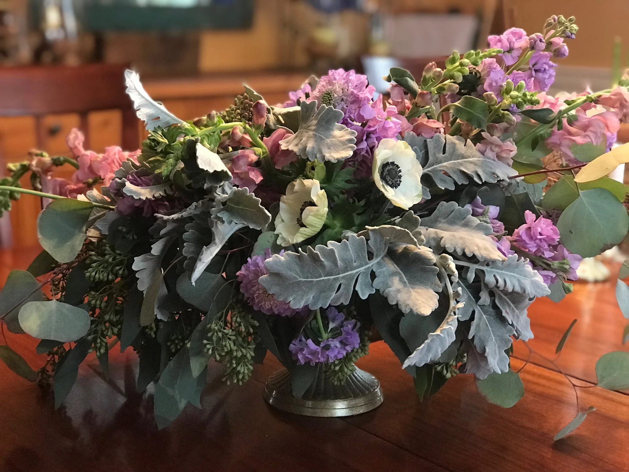 lavender, grey and white centerpiece