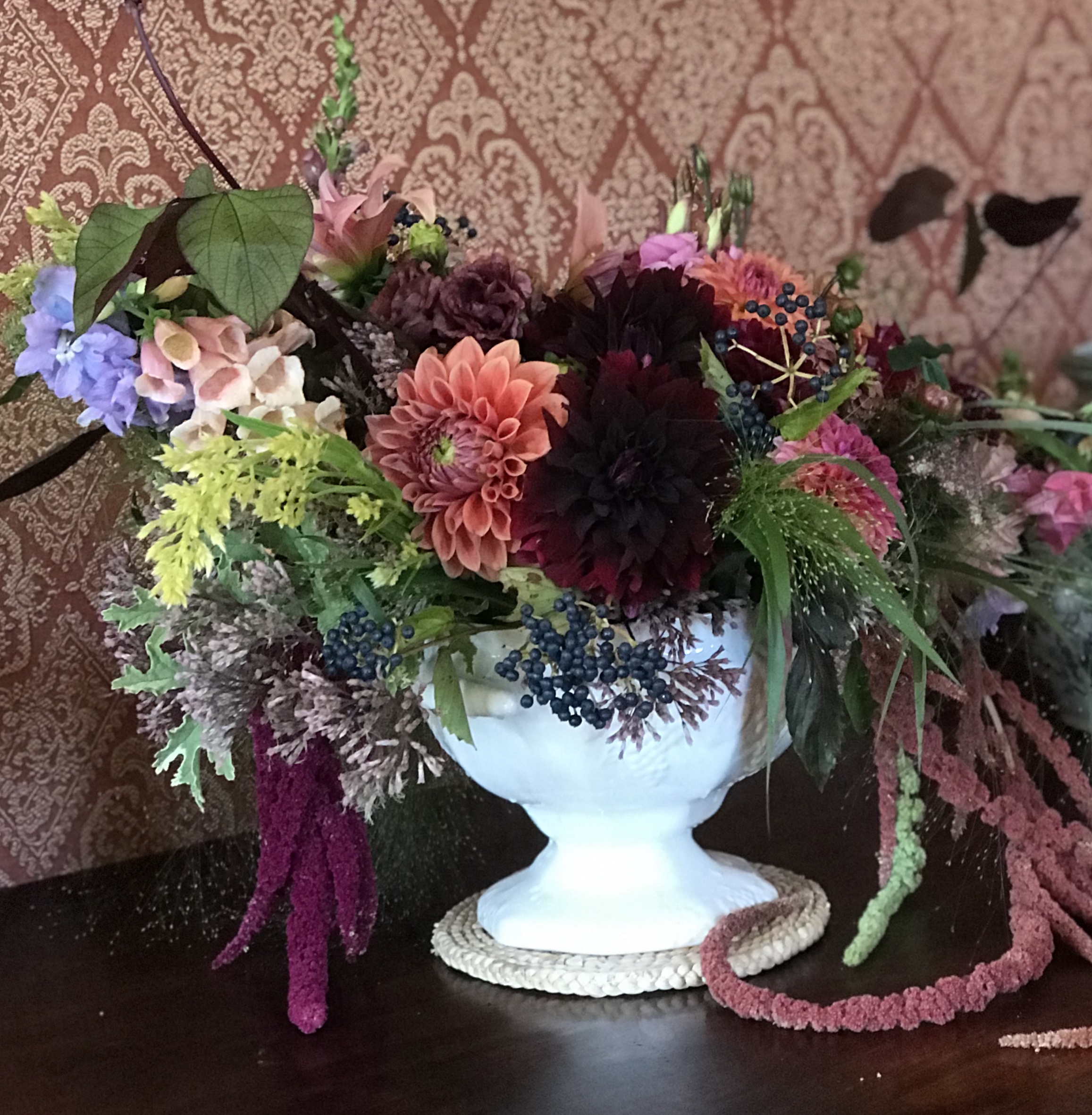 centerpiece featuring amaranth and fall tones