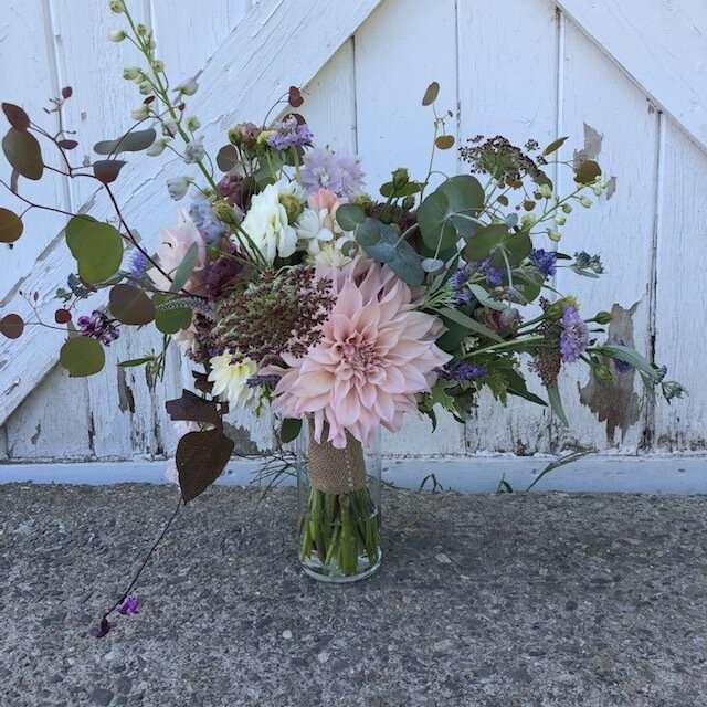 lavender and blush bridal bouquet featuring cafe au lait dahlia