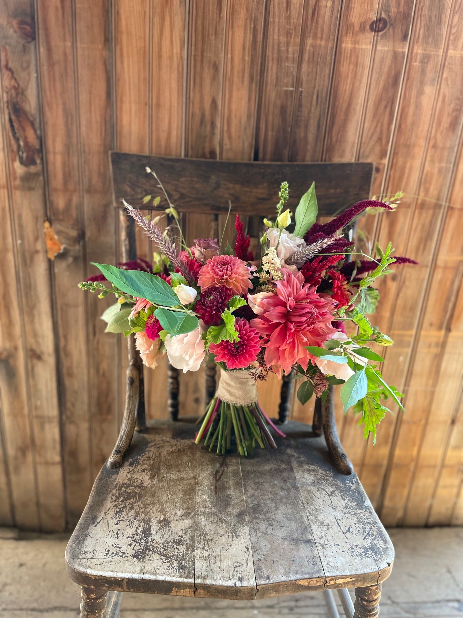 fall toned bridal bouquet with dahlias