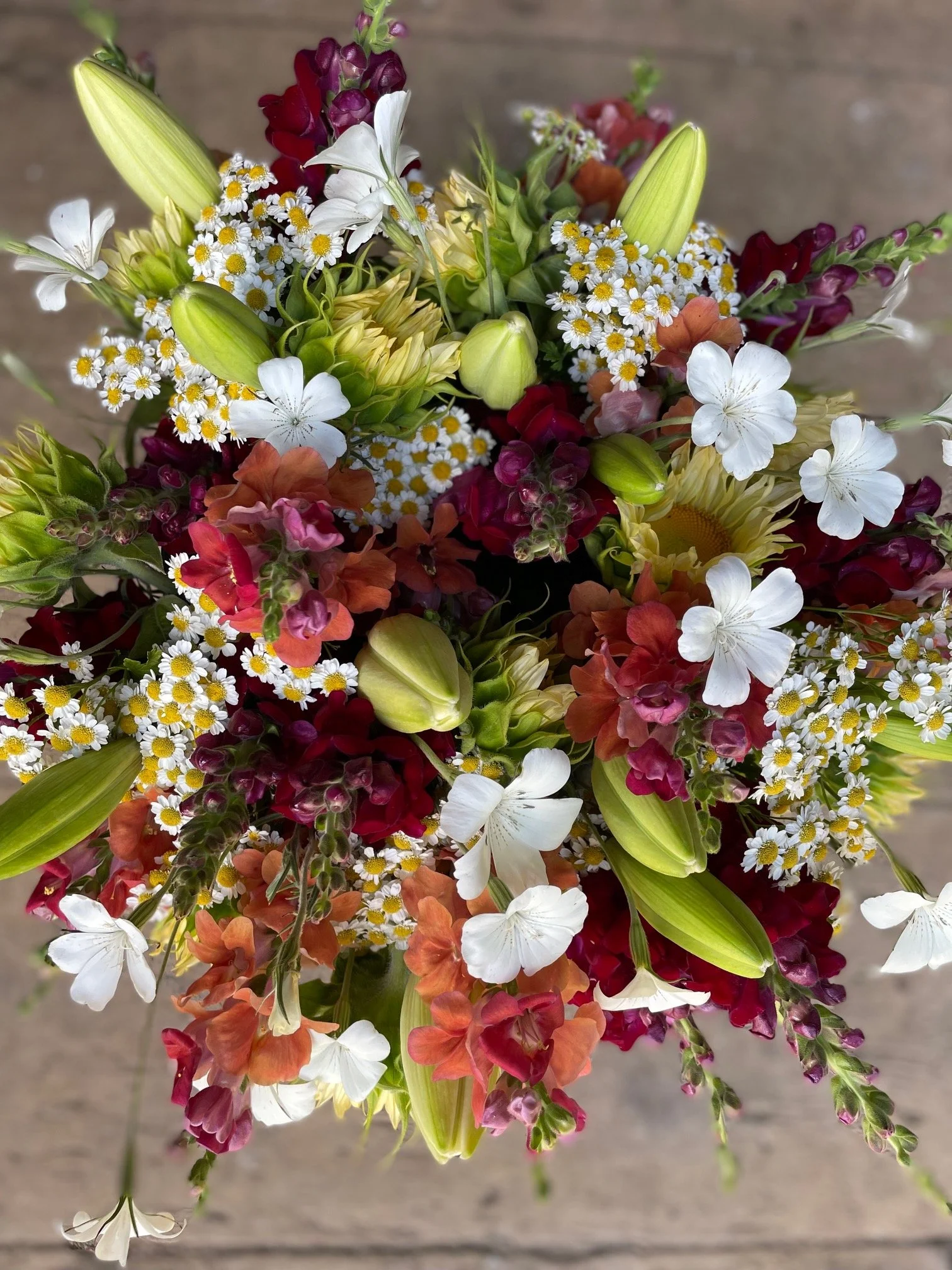 red, white and gold mixed market bouquets