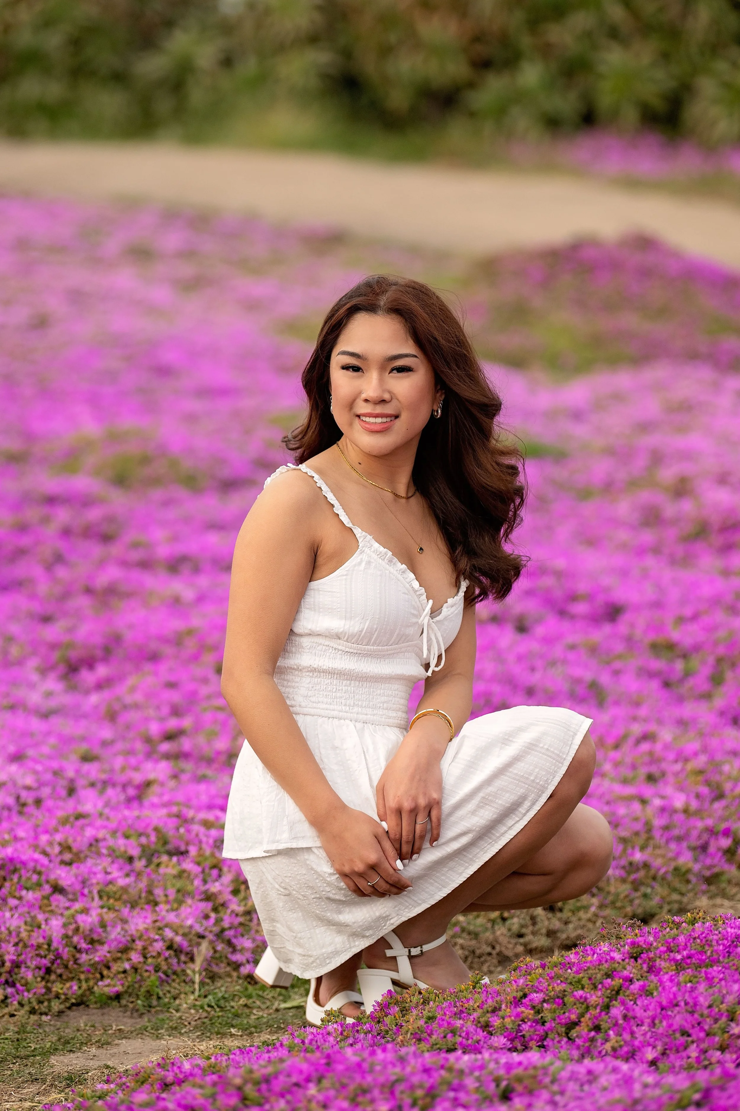 Purple flower field senior portrait session