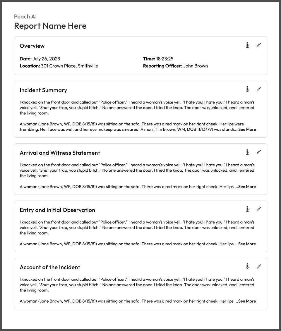 Peach AI MVP detail showing editable report sections and voice input