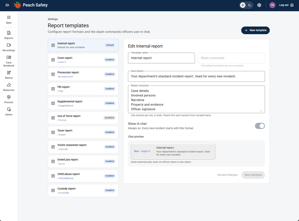 Peach Safety information architecture showing incident-centered reporting templates