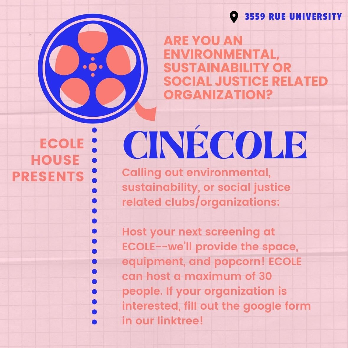 🌍🍿 Elevate your cause with ECOLE! Calling all environmental, sustainability, and social justice clubs&mdash;host your screenings with us! 🎥 We&rsquo;ve got the space, equipment, and popcorn covered for up to 30 people. Interested? Fill out the for