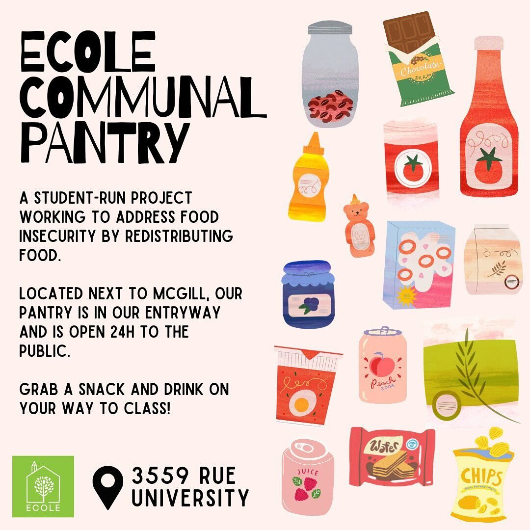 🌱 Introducing the ECOLE Communal Pantry! 🌿 We&rsquo;re thrilled to launch our initiative offering FREE food &amp; drinks to the McGill community! 🍏 Our stocked goodies, including redbull, bubbly, vitamin water, bear paws, and  wagon wheels and pow