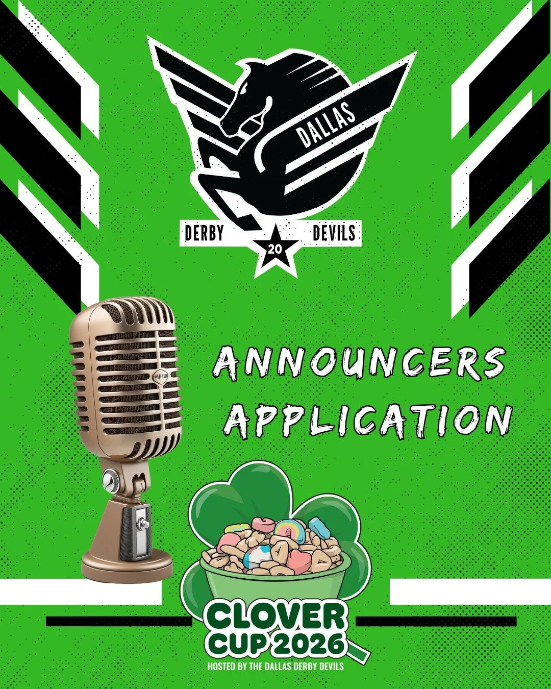 Announcers—IT’S TIME! ๐๏ธ
The Dallas Derby Devils are thrilled to announce that Announcers Applications for Clover Cup 2026 are NOW OPEN!
๐ March 13–15, 2026
๐ NYTEX Sports Centre – North Richland Hills, TX
Clover Cup 202