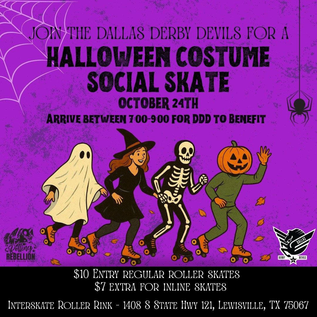 ๐ป Dallas Derby Devils & Rolling Rebellion Present: Halloween Costume Social Skate Night, This Friday Night!! ๐
๐ท๏ธ Dust off your skates and dig out your costumes—it’s time to get spooky on wheels!
๐
 Date: Friday, October 24, 2025