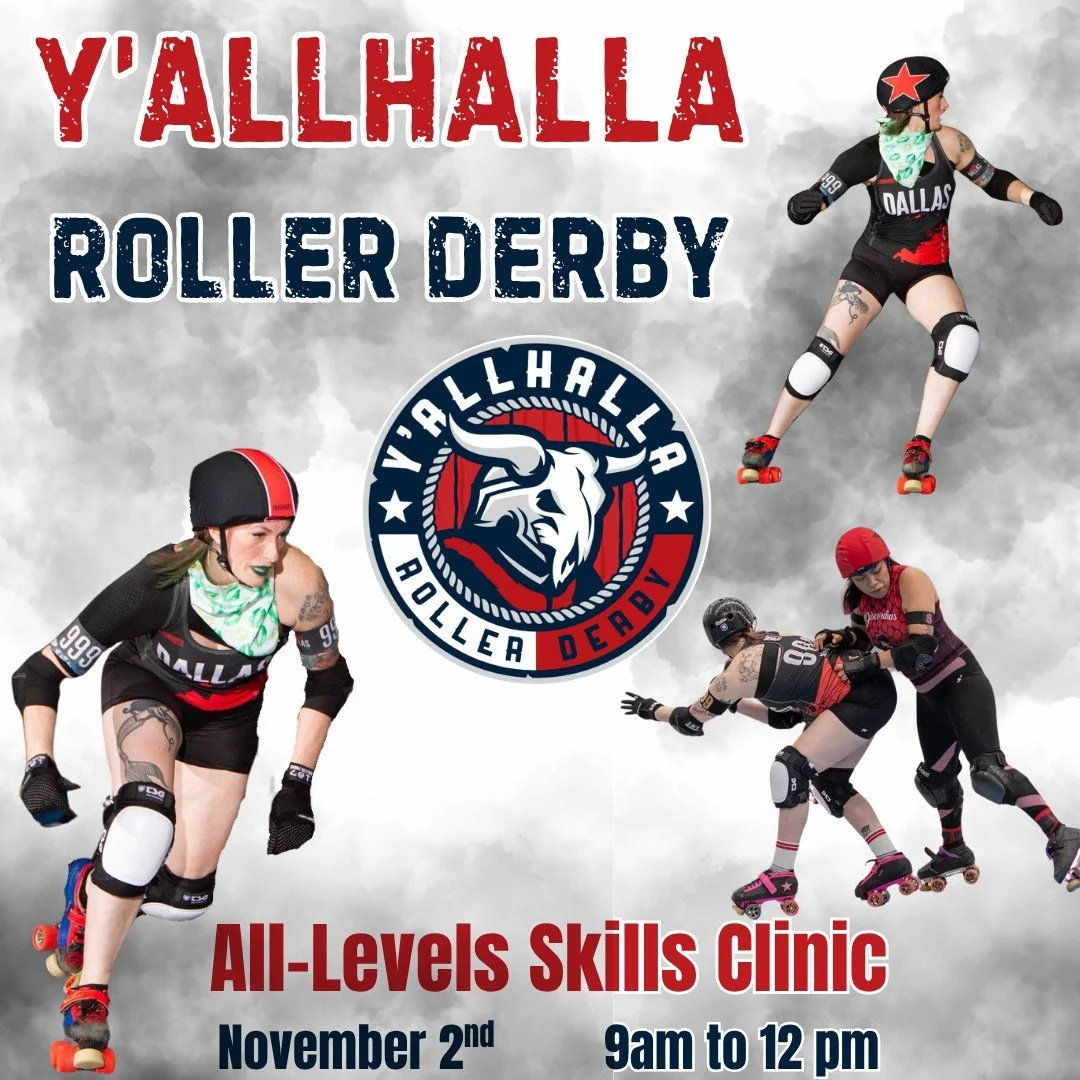 ๐จ Mark your calendars, DFW derby fam! ๐จ
Y’allhalla Roller Derby is hosting an all-level skills clinic on Sunday, November 2, 9:00 AM – 12:00 PM right here in the Dallas–Fort Worth area!
Coach Spotlight: Nancy (She/Her) — H