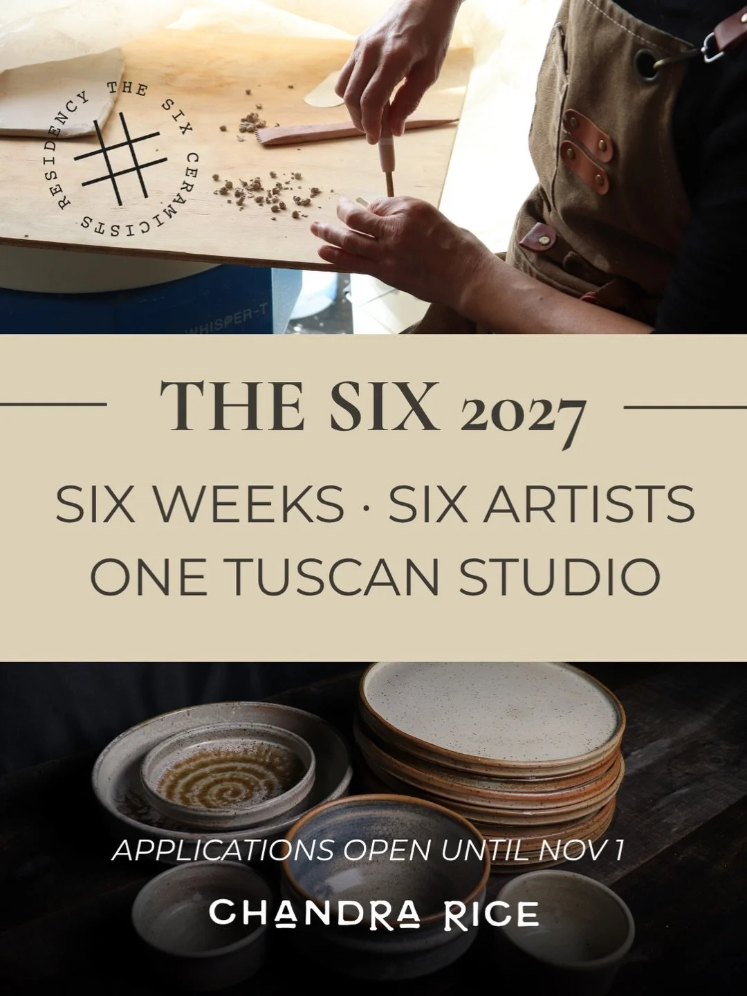 The Six is six weeks of uninterrupted studio time in Tuscany, designed for ceramicists who are ready to go somewhere real in their practice.

Six artists. One fully equipped studio with a wood kiln, a gas soda kiln, a raku kiln, and an electric kiln.