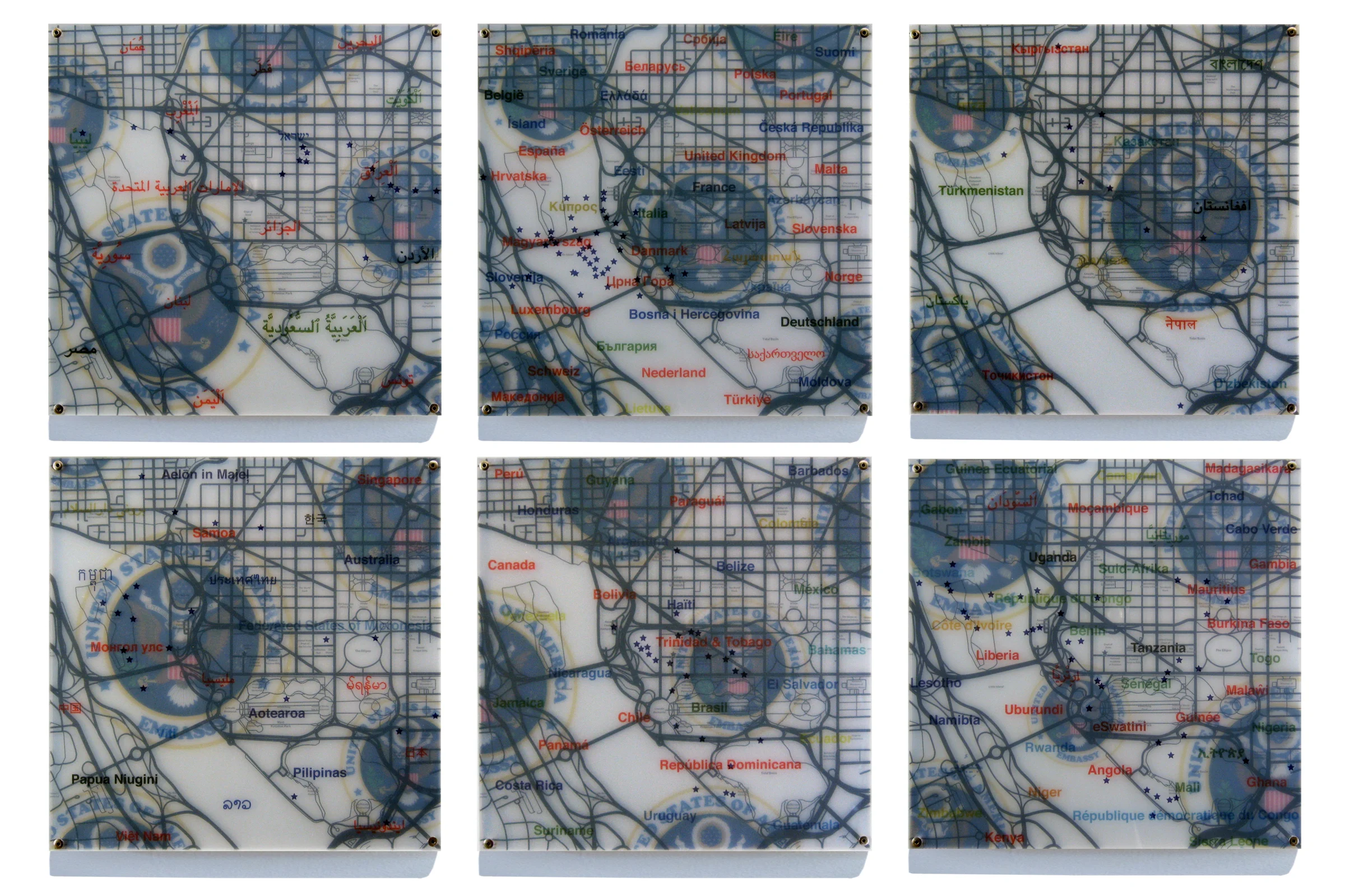 "United States Embassies" digital print, plexiglas, acrylic, and panel 35"x55" (15"x15" each) 2008