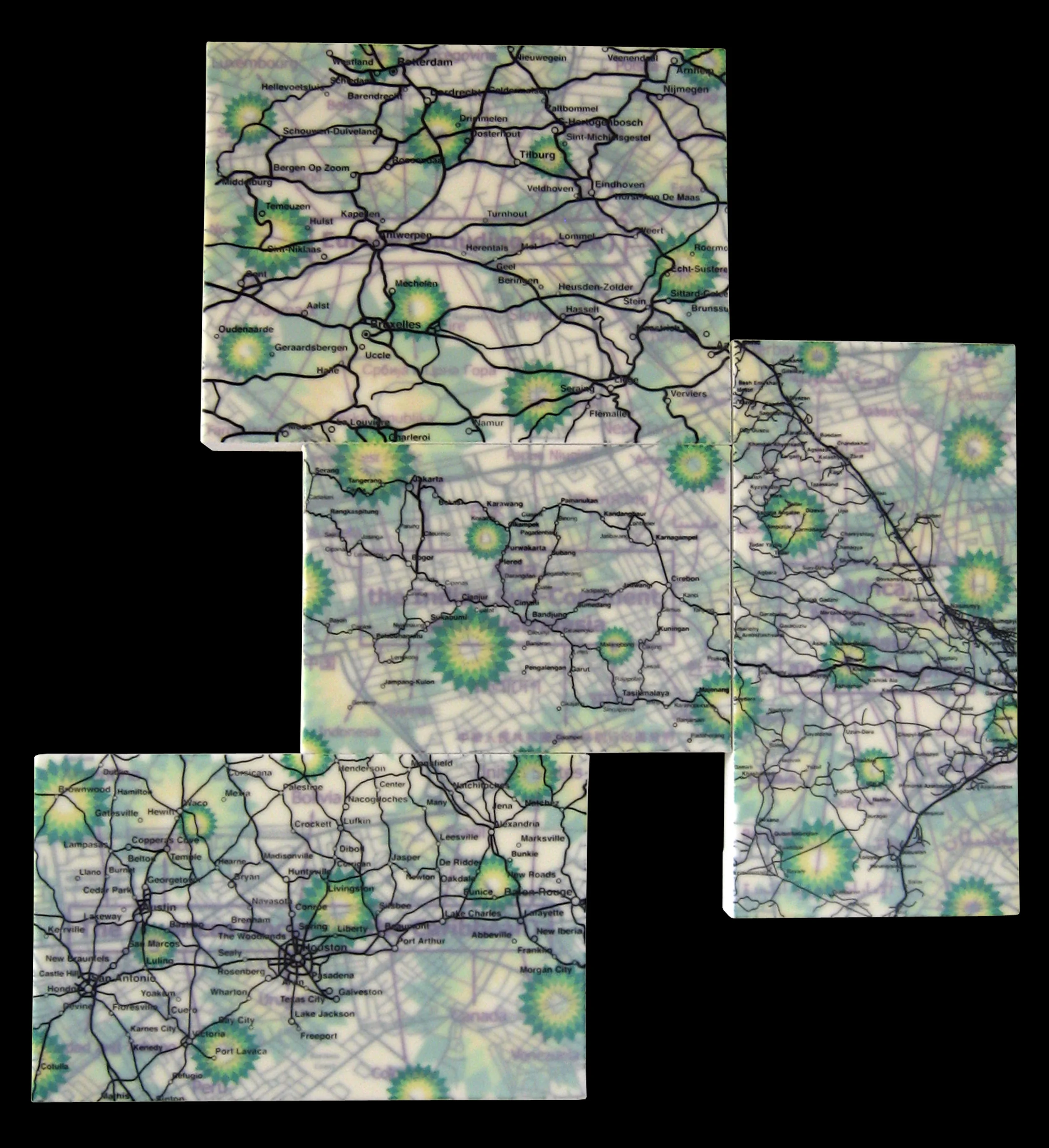 "BP" acrylic, screen print and glue on canvas 31"x29" 2006