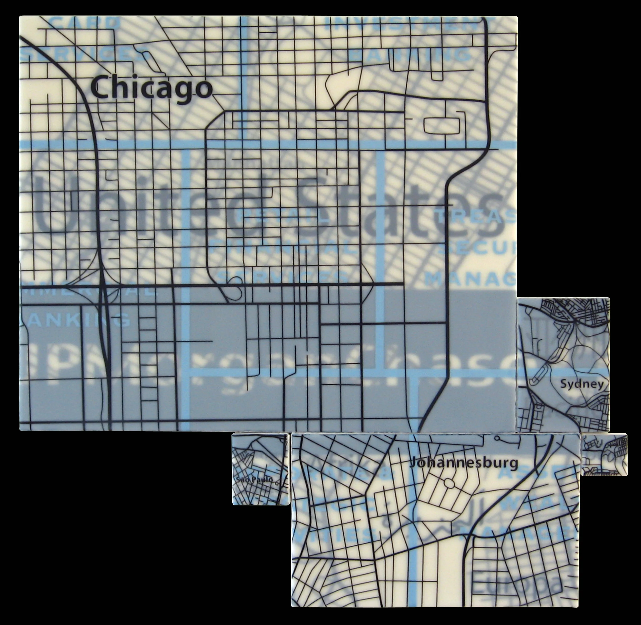 "JP Morgan Chase" acrylic, screen print and glue on canvas 28"x32" 2008