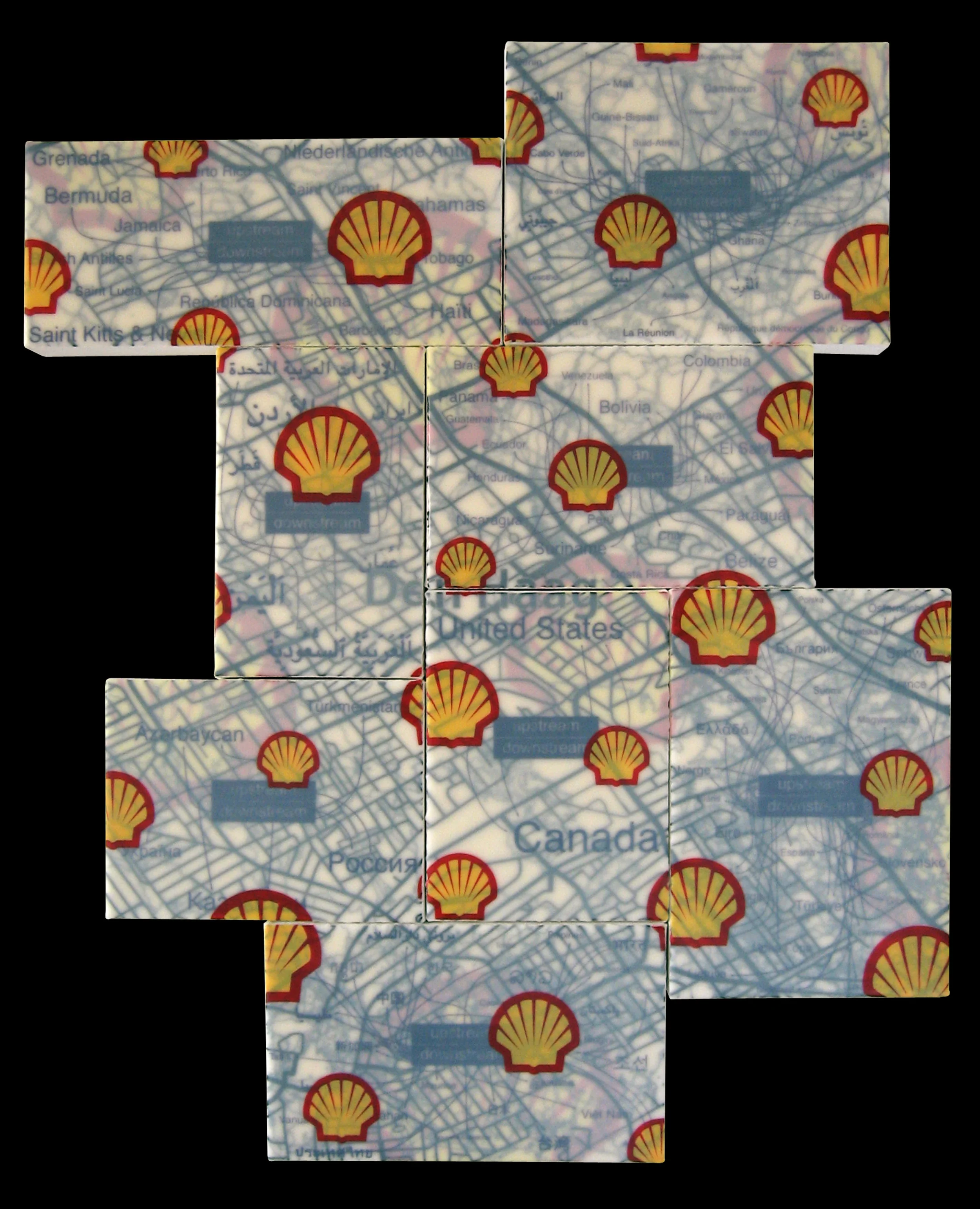 "Royal Dutch/Shell Group" acrylic, screen print and glue on canvas 36"x24" 2007