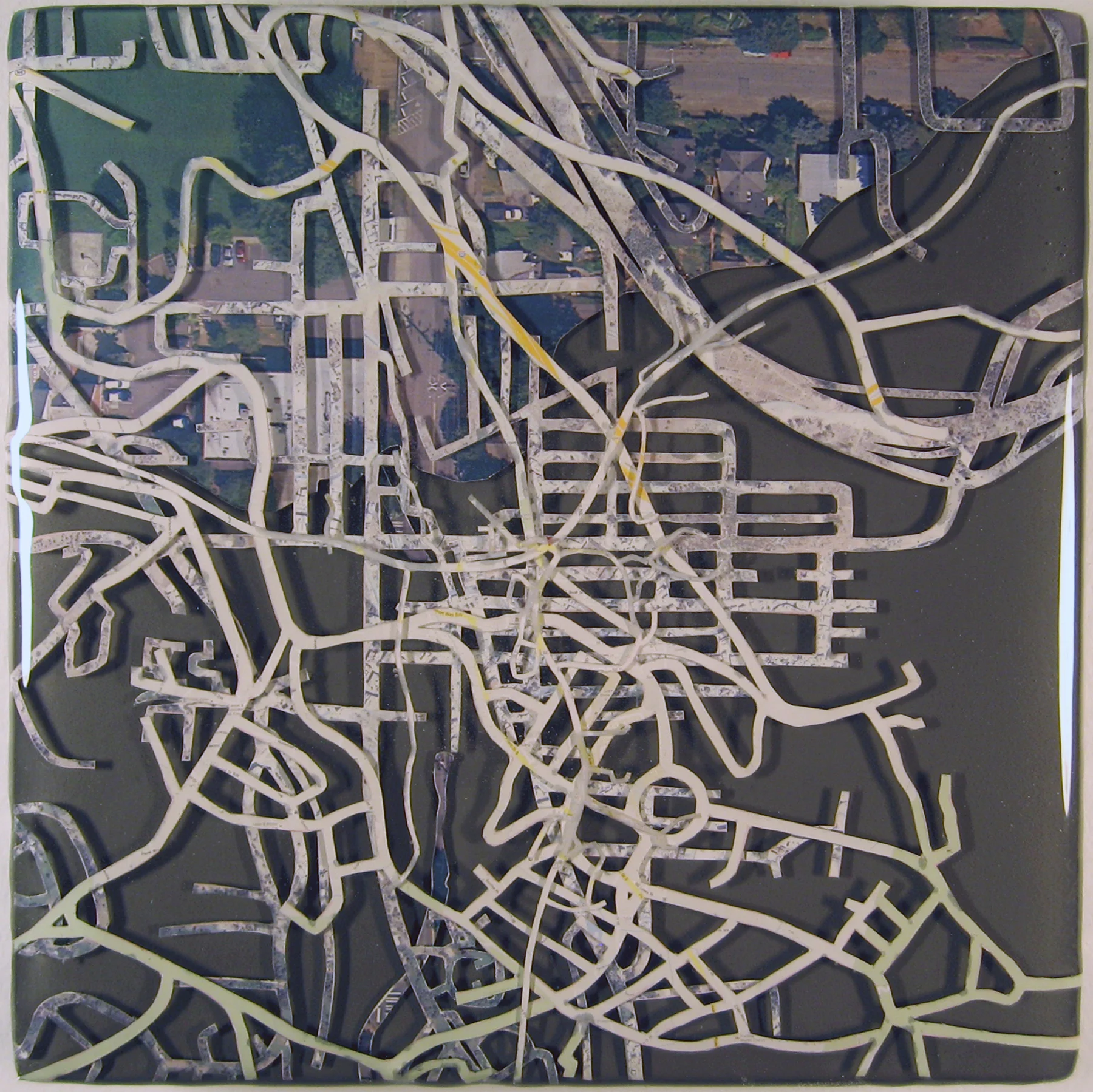 "Sister Cities: Issaquah, Chaouen, Sunndal" acrylic, digital print, and resin on panel 7.5”x7.5” 2012