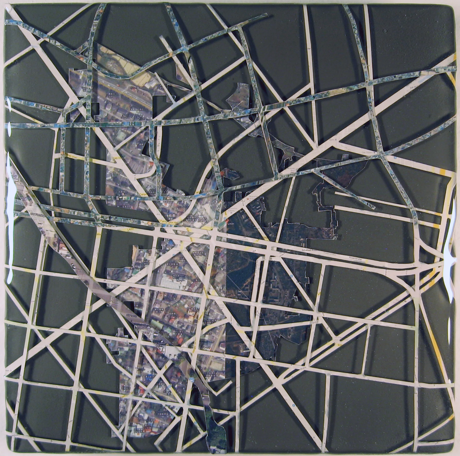 "Sister Cities: Beaverton, Birobidjan, Cheonen, Cluses, Gotemba, Hsinchu City, Trossingen" acrylic, digital print, and resin on panel 7.5”x7.5” 2012