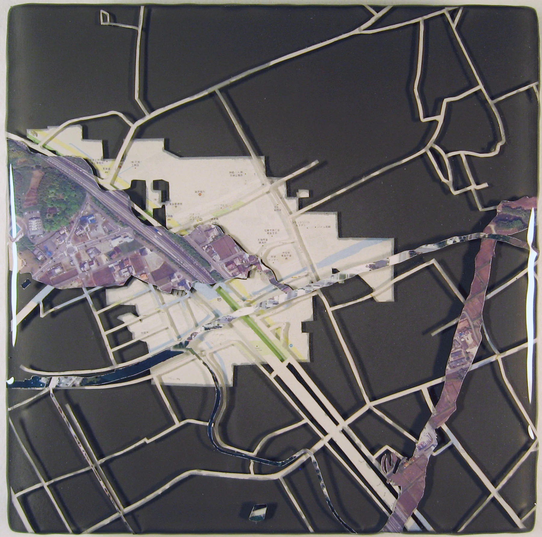 "Sister Cities: Chelan, Tojo" acrylic, digital print, and resin on panel 7.5”x7.5” 2012