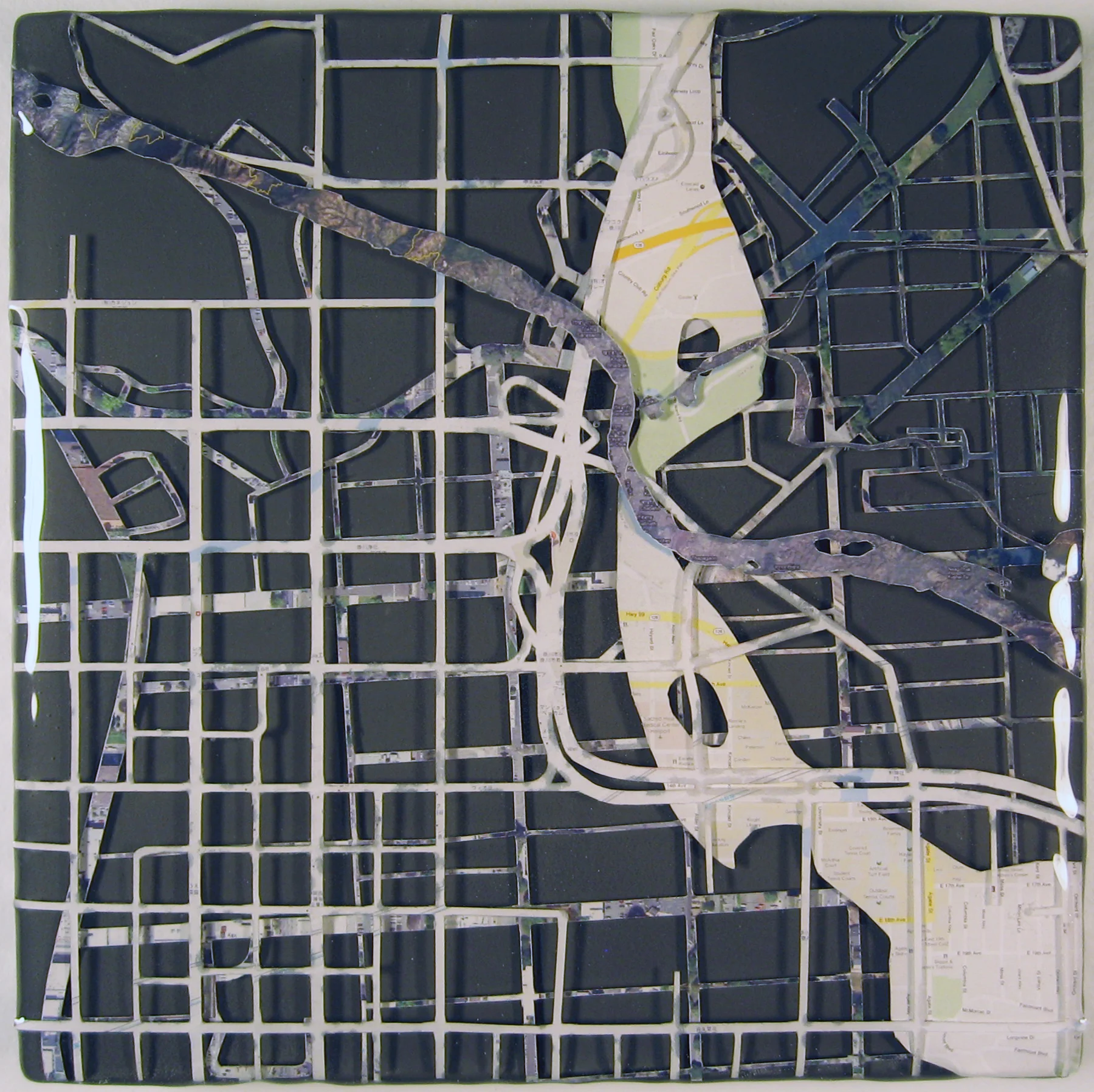 "Sister Cities: Eugene, Chinju, Irkutsk, Kakegawa, Kathmandu" acrylic, digital print, and resin on panel 7.5”x7.5” 2012