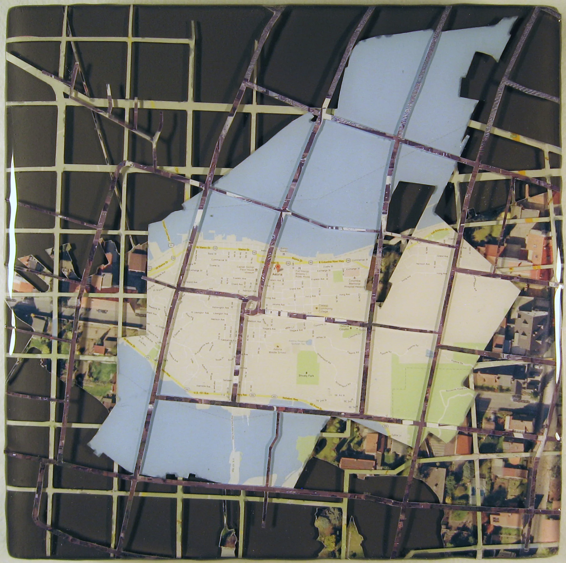 "Sister Cities: Astoria, Walldorf" acrylic, digital print, and resin on panel 7.5”x7.5” 2012