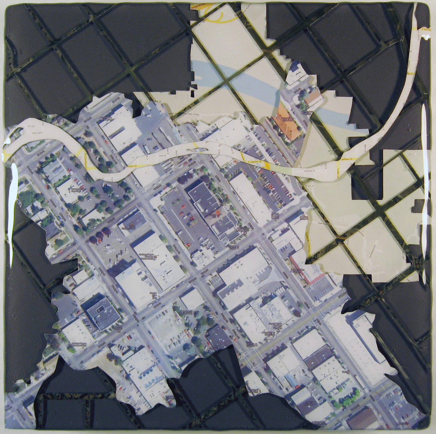 "Sister Cities: Medford, Alba" acrylic, digital print, and resin on panel 7.5”x7.5” 2012