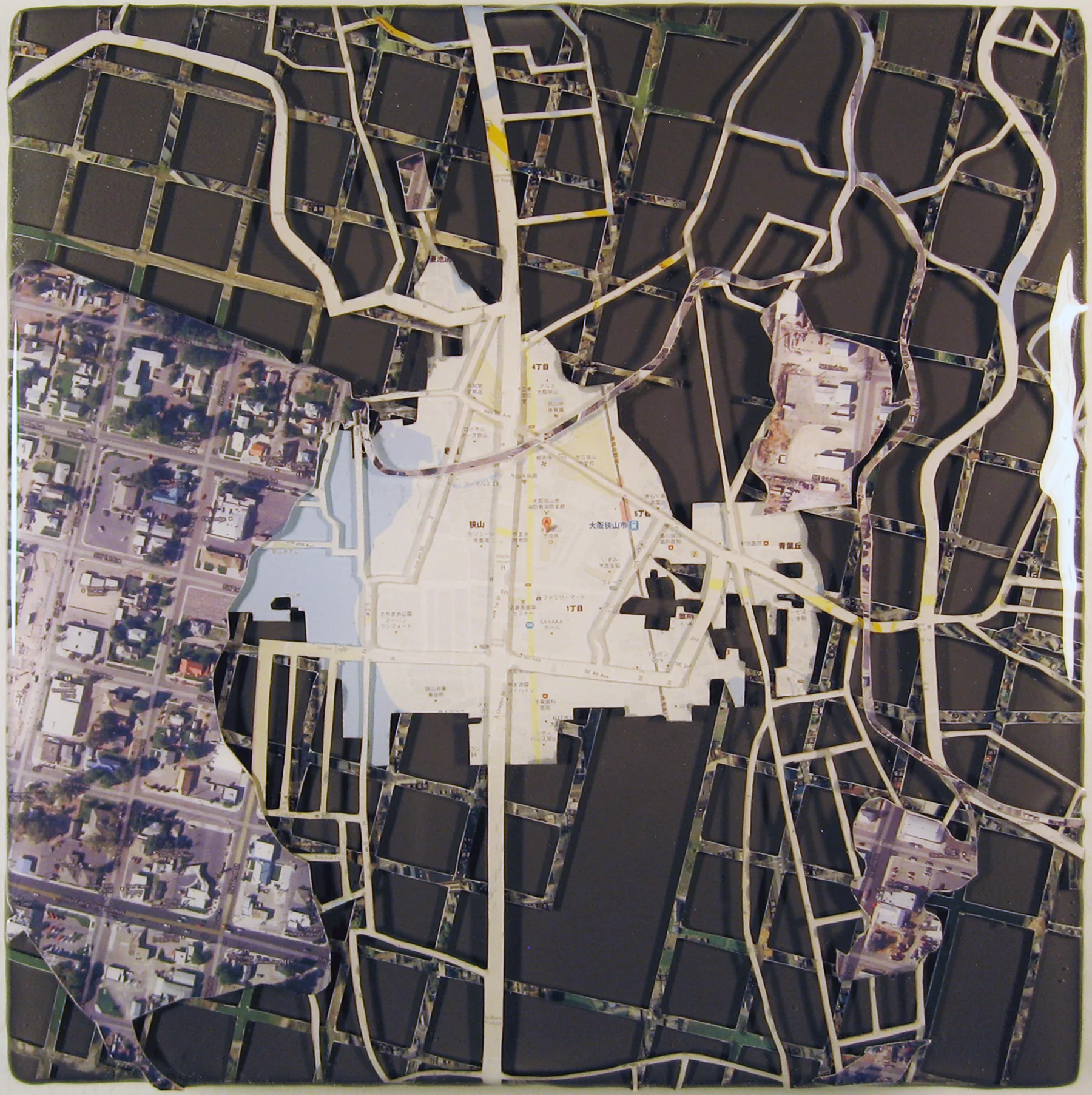 "Sister Cities: Ontario, Osakasayma City" acrylic, digital print, and resin on panel 7.5”x7.5” 2012