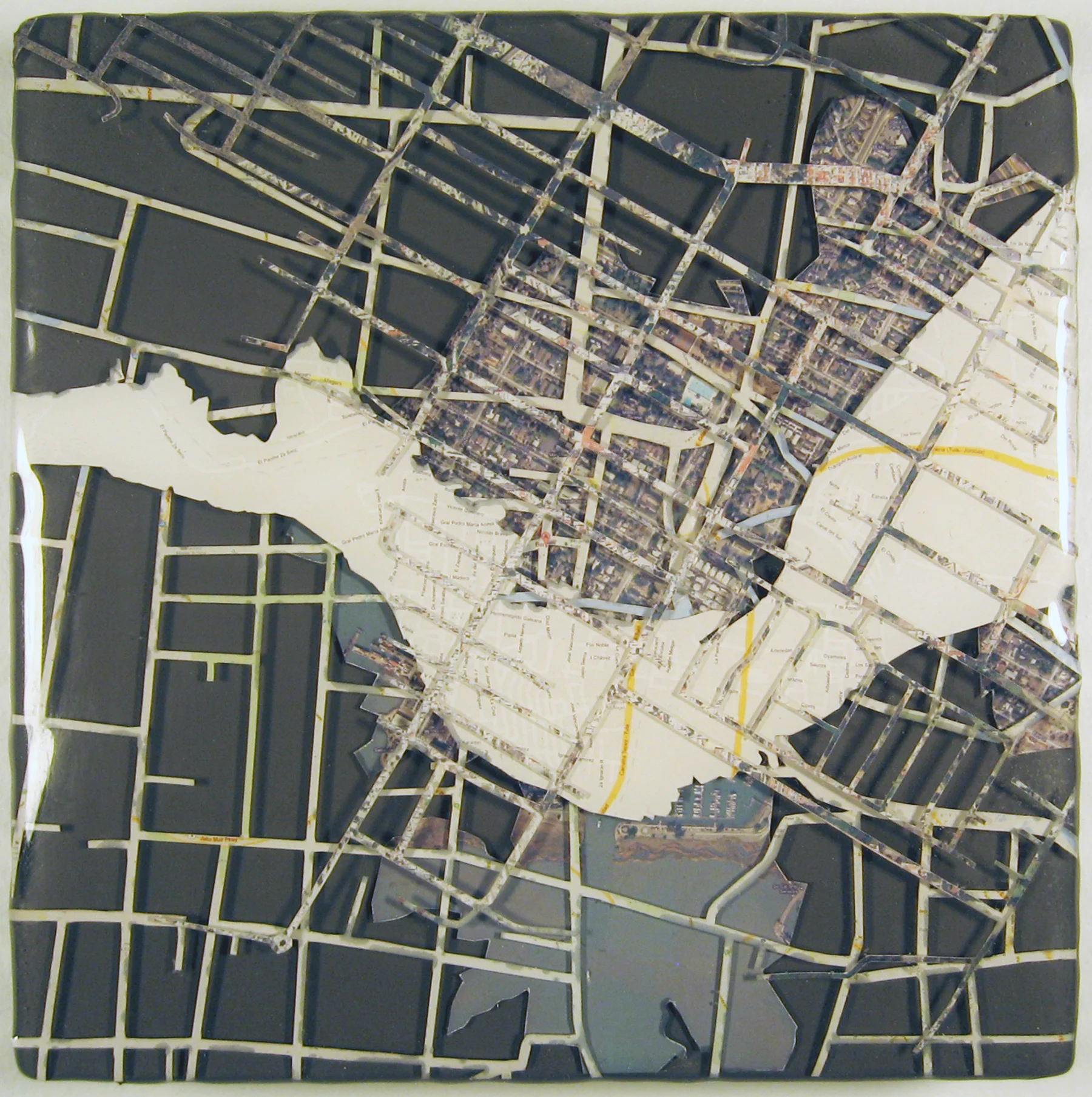 "Sister Cities: Benicia, Tula" acrylic, digital print, and resin on panel 7.5”x7.5” 2012