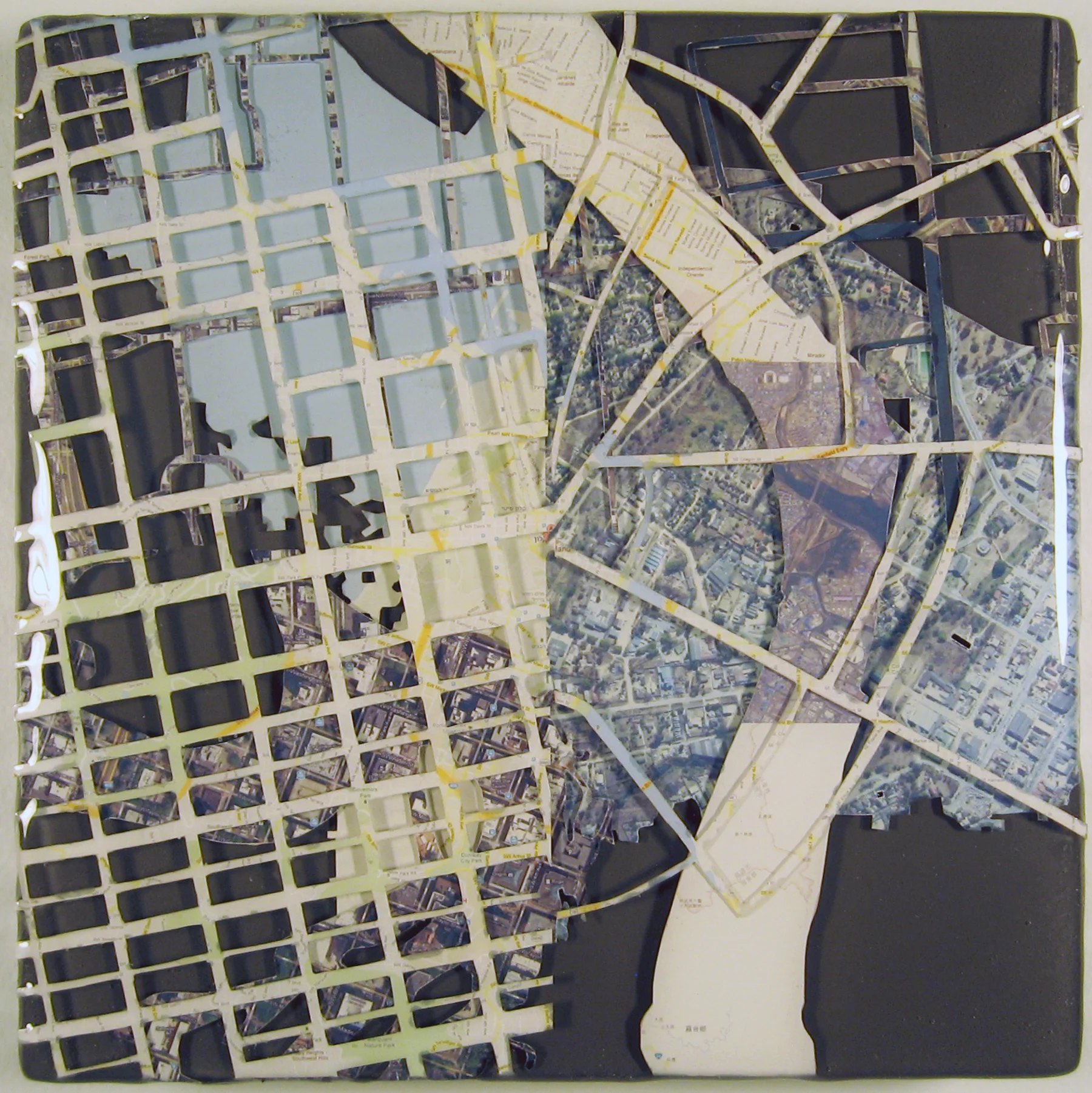 "Sister Cities: Portland, Ashkelon, Bologna, Guadalajara, Kaohsiung, Khabarovsk, Mutare, Sapporo, Suzhou, Ulsan" acrylic, digital print, and resin on panel 7.5”x7.5” 2012