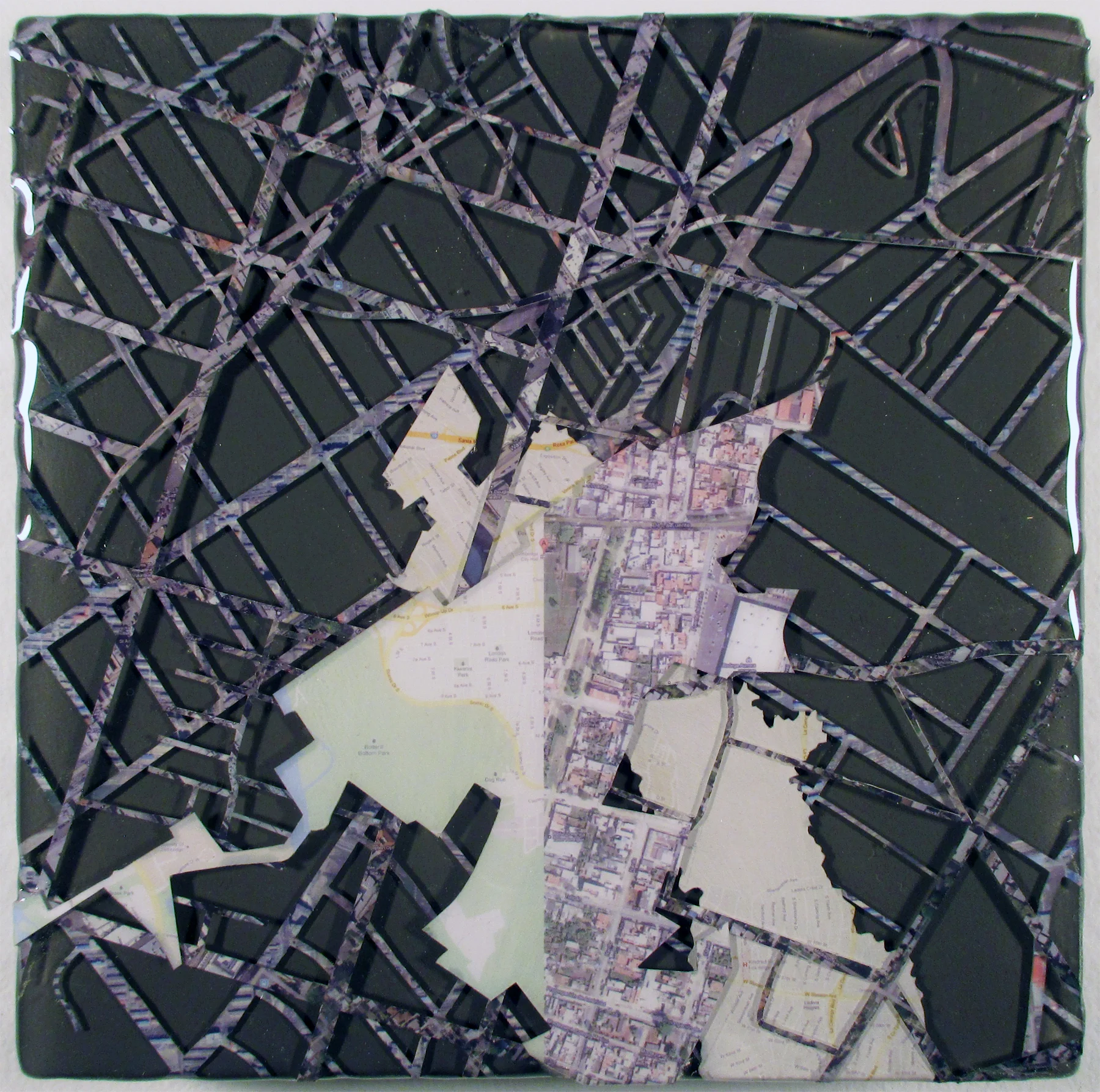 "Sister Cities: Culver City, Iksan City, Kaizuka, Lethbridge, Uruapan, Yanji City" acrylic, digital print, and resin on panel 7.5”x7.5” 2015