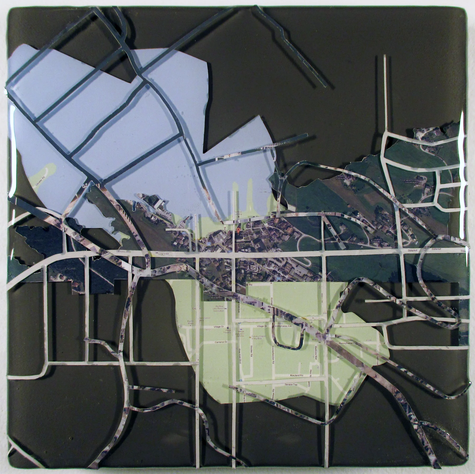 "Sister Cities: Big Bear Lake, Abtenau" acrylic, digital print, and resin on panel 7.5”x7.5” 2015